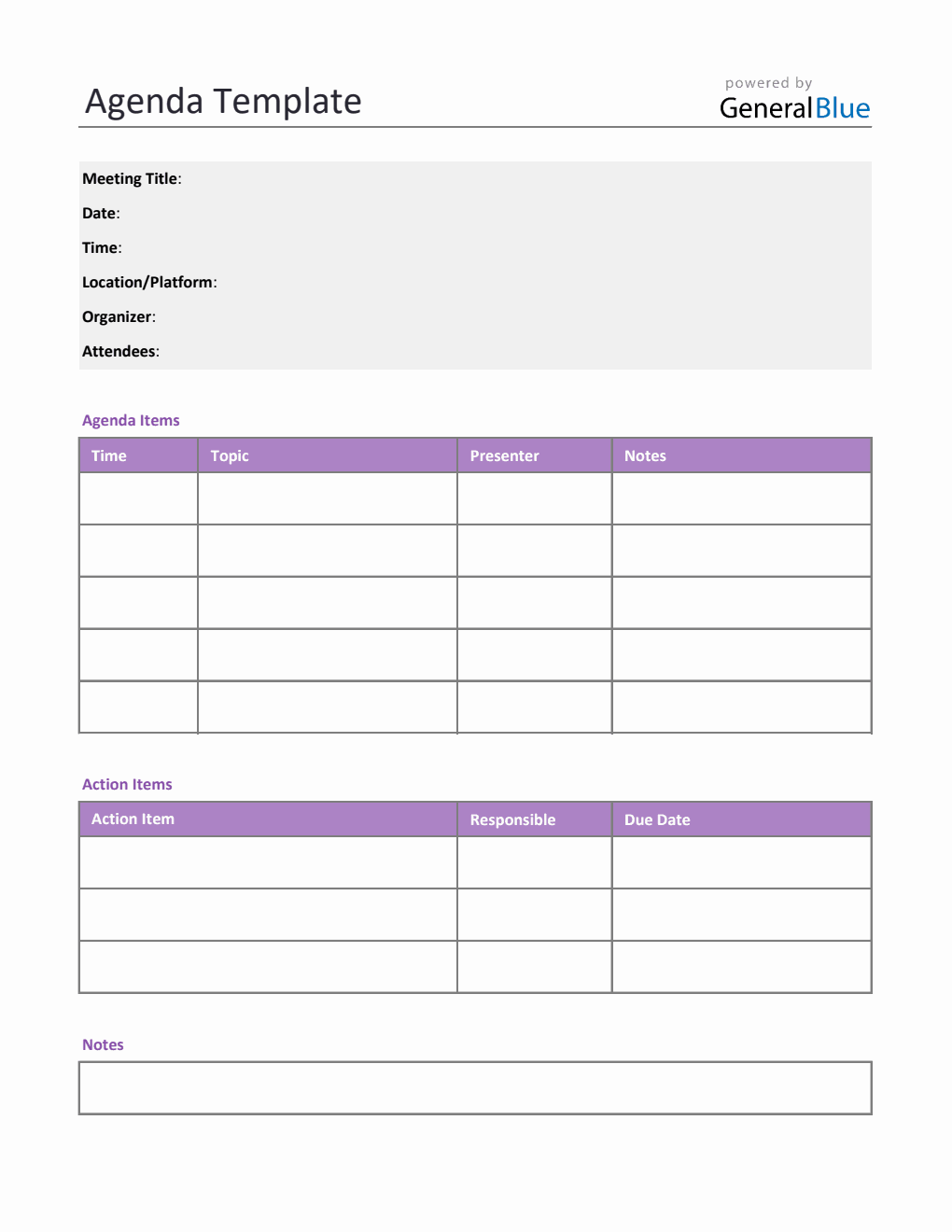 Editable Agenda Template in Excel