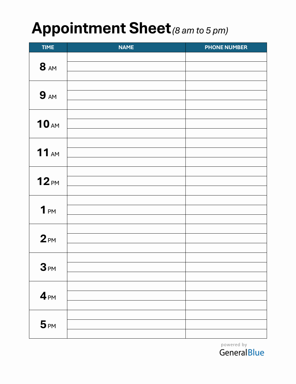 Downloadable Appointment Sign Up Sheet PDF (1-Hour Interval)