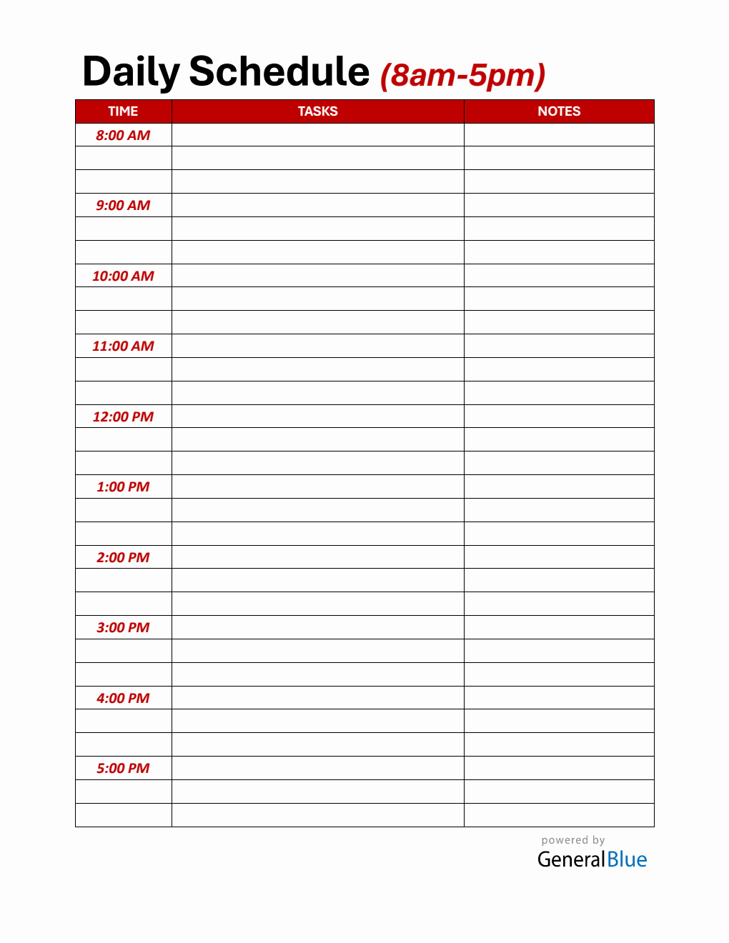 Daily Schedule Template Word with Time Slots (8Am To 5Pm)