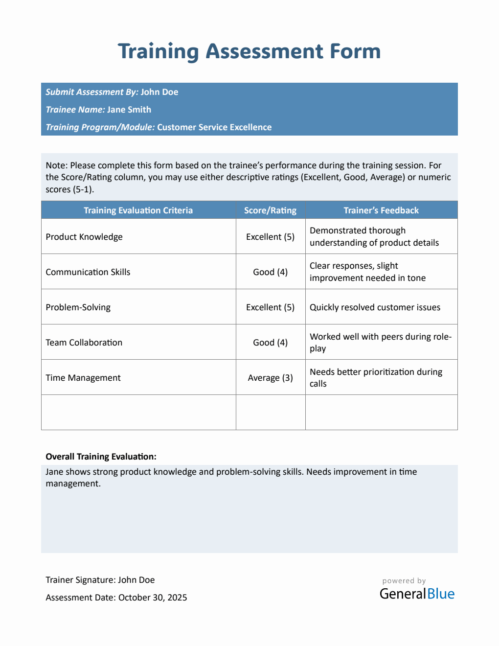 Customizable Employee Training Assessment Form - Free Word Download