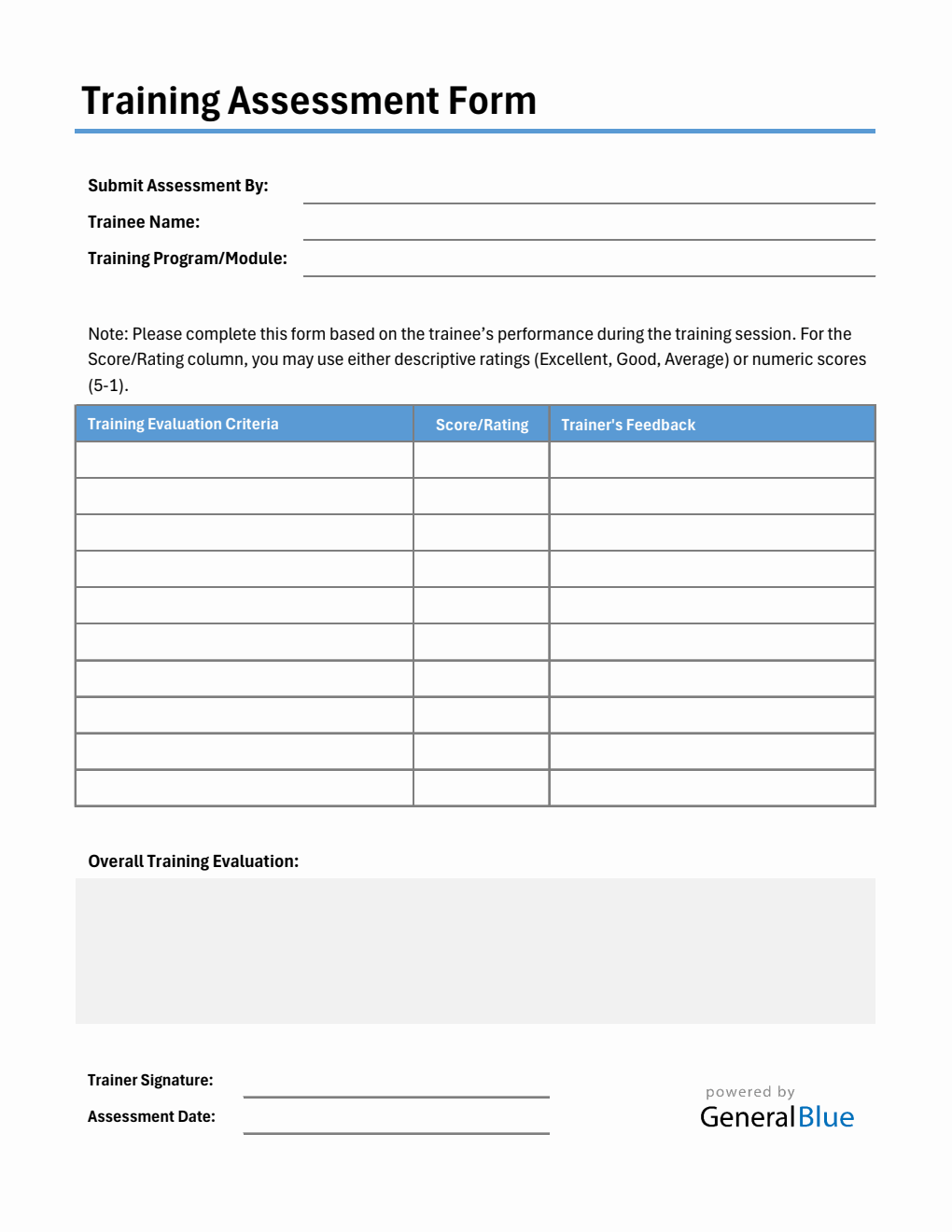 Classic Employee Training Assessment Form - Free Excel Download