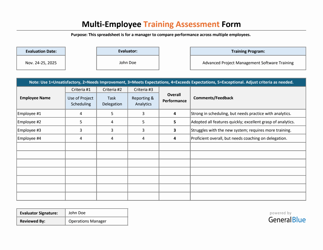Multi-Employee Training Assessment Excel Form (Customizable)