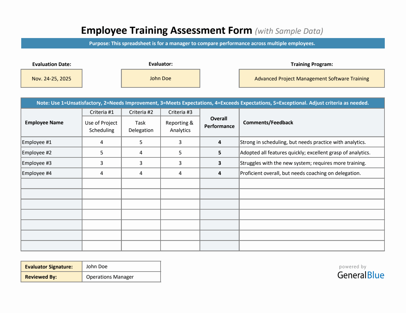 Multi-Employee Training Assessment Excel Form (Landscape Layout)