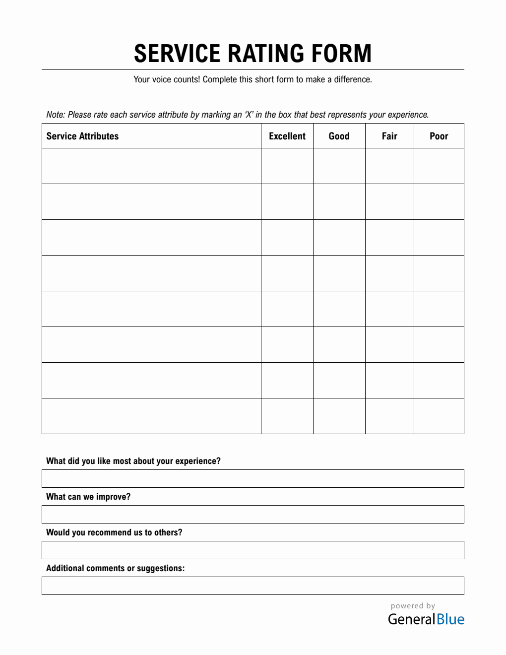 Service Rating Form in PDF (Printable Portrait)