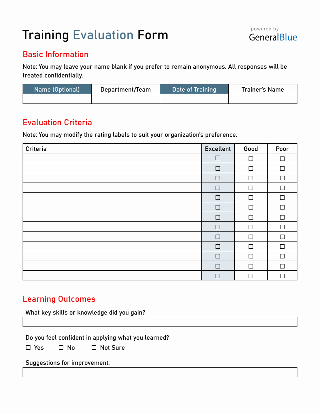 Downloadable Training Evaluation Form – Free Download in Word
