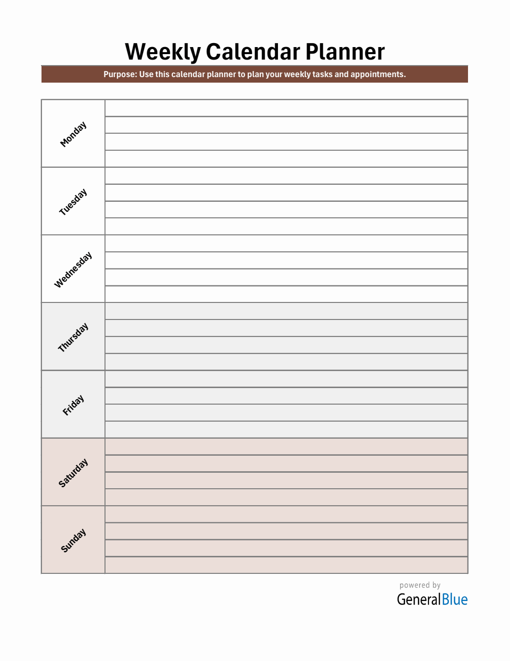 Portrait Week At A Glance Planner – Free Excel Template