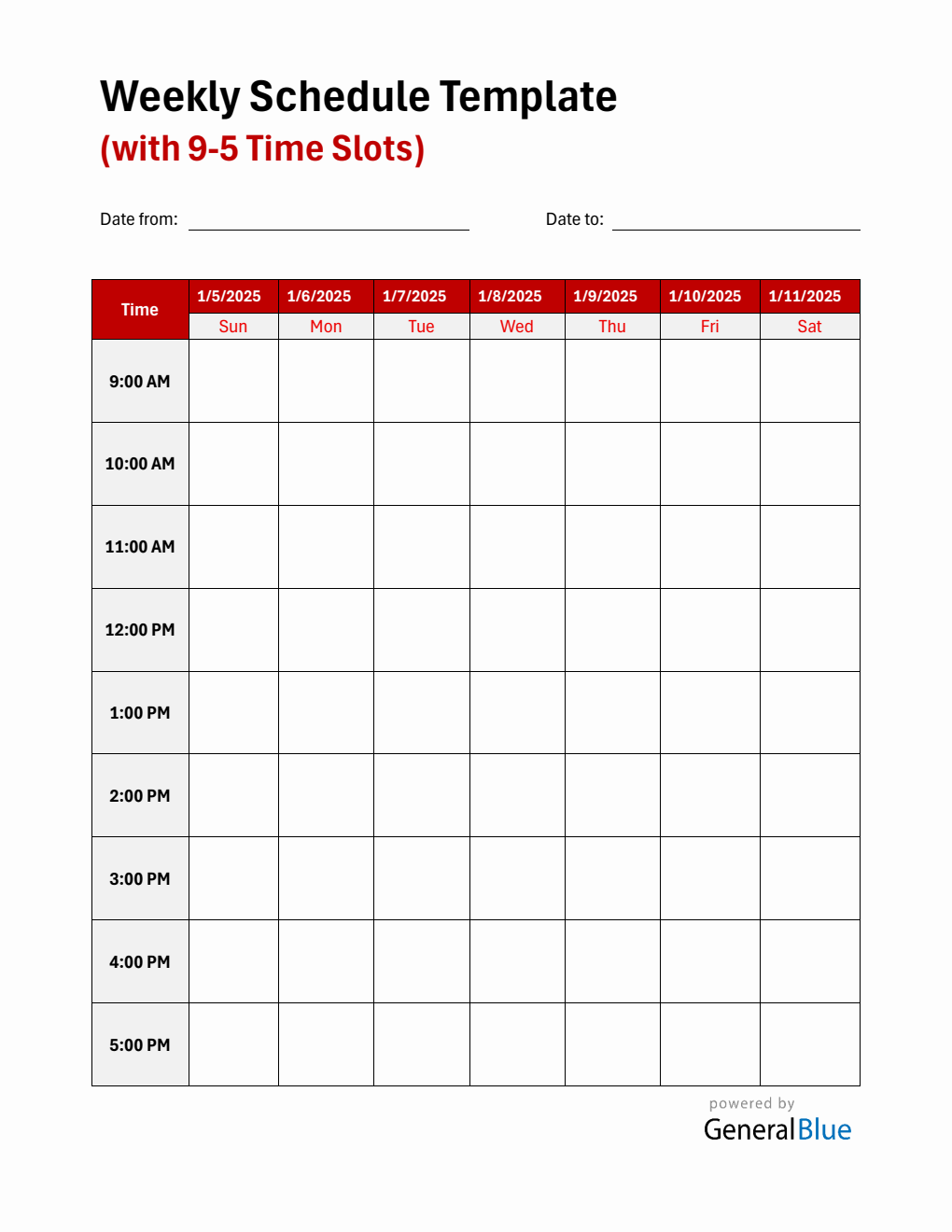 Weekly Planner with Time Slots (9Am To 5Pm) - Free Word Download